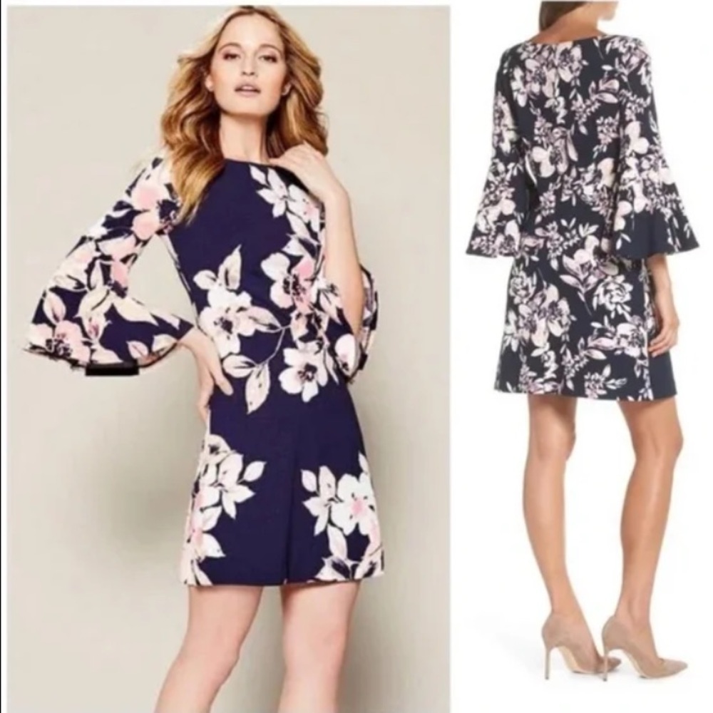 Eliza J. Floral Navy Bell Sleeved Shift‎ Dress Size 6 NWT